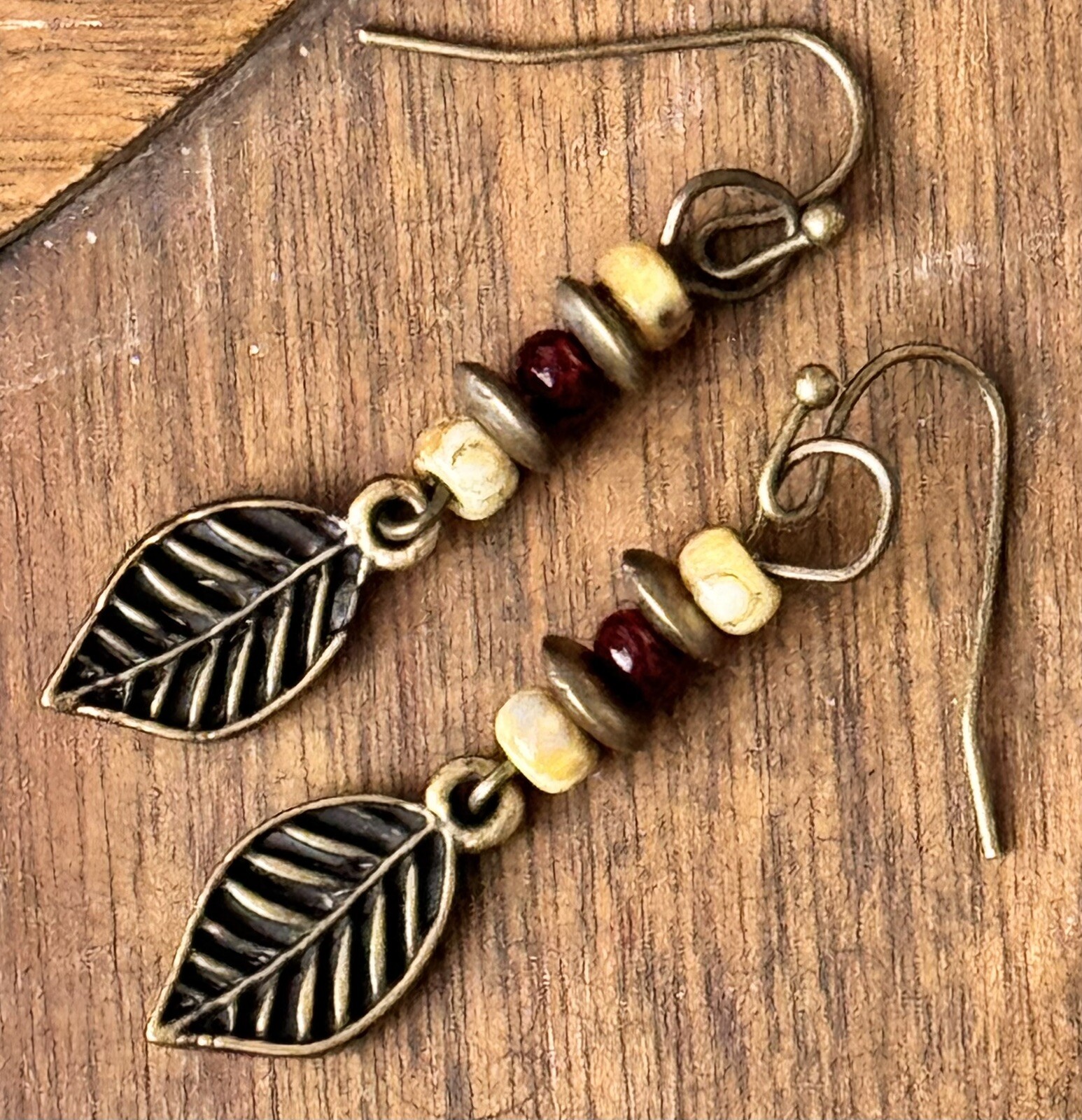 Bronze Tone Etched Leaf Earrings. Fall. Nature.