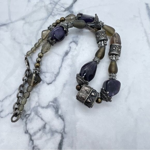 Stone Glass Metal Necklace Signed Maya Bohemian Boho Gypsy Style Purple