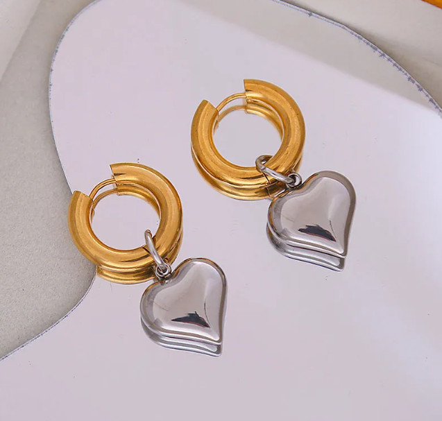 Heart Pendant Hoop Earrings Stainless Steel Detachable Contrast Color High Polis