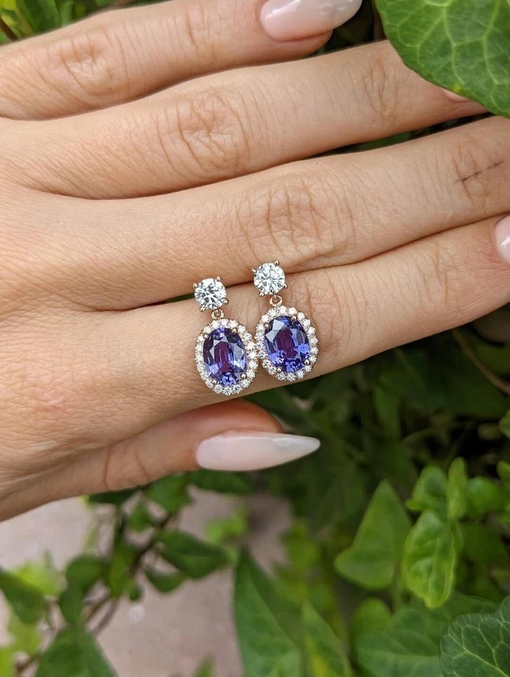 Oval Cut Simulated Blue Tanzanite Push Back Drop Earrings 14k White Gold Plated