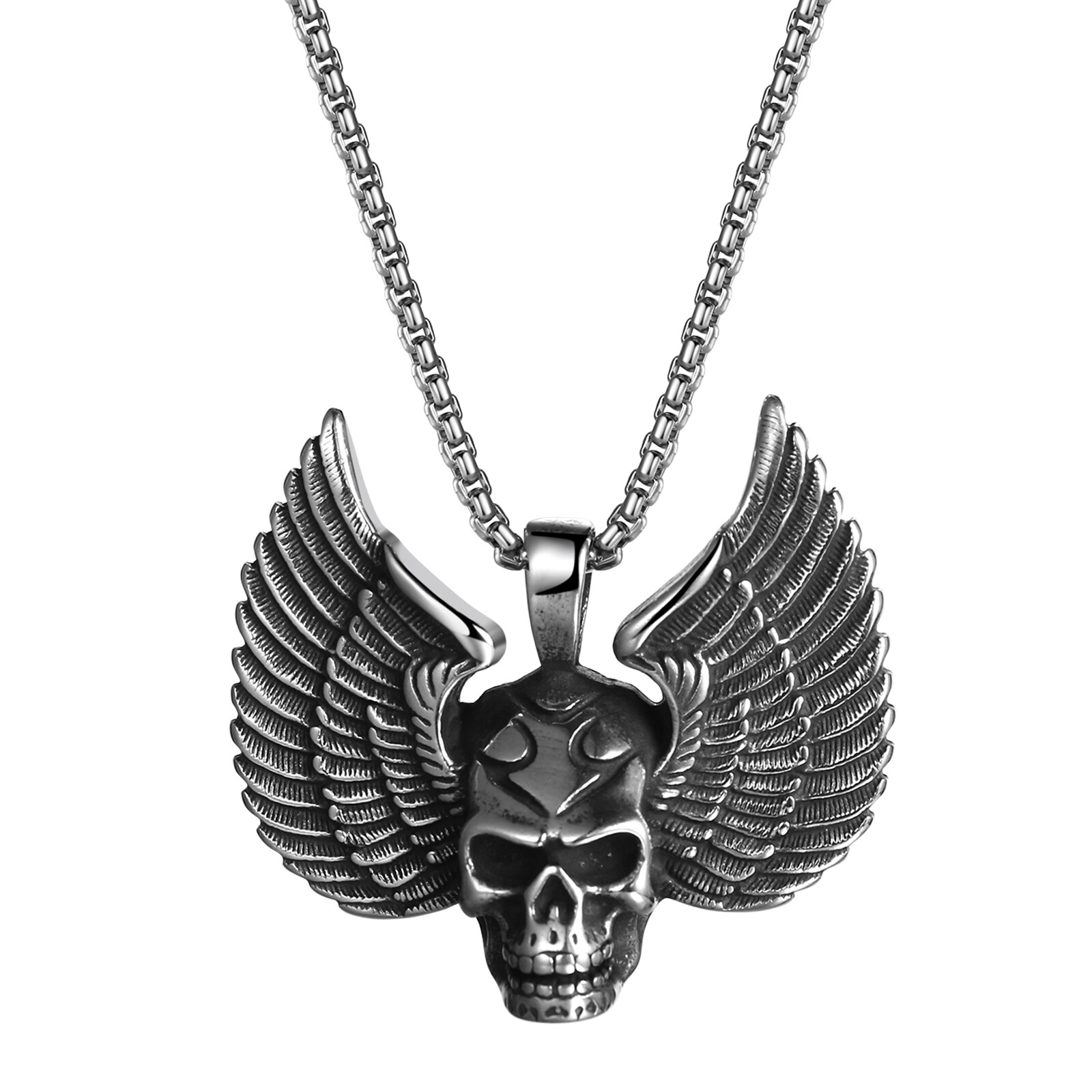 Biker Mens Gothic Angel Skull Head Pendant Stainless Steel Necklace Punk Jewelry