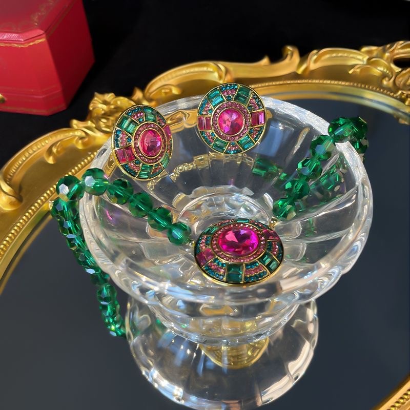 Vintage Multicolor Rhinestone Jewelry Set Green Crystal Beaded Necklace forwoman