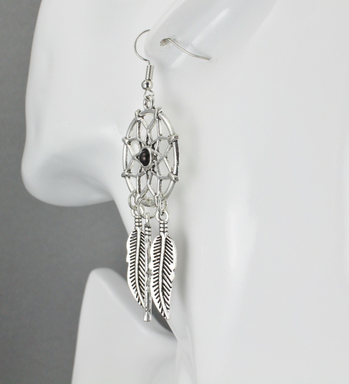 Silver dream catcher earrings dangle feather black bead lightweight 3″ long