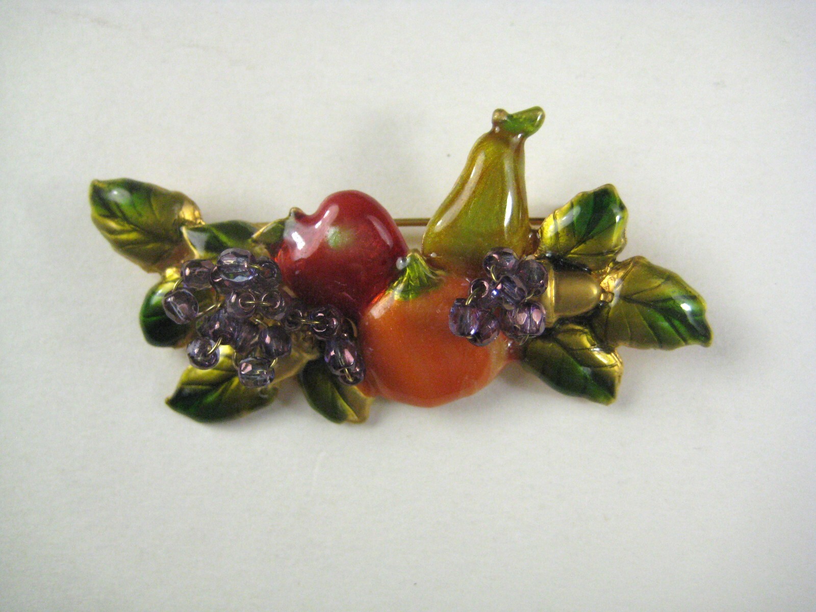 Fruit Pin Brooch 2.4 In Jewelry Goldtone Enamel Purple Beaded Grapes Orange
