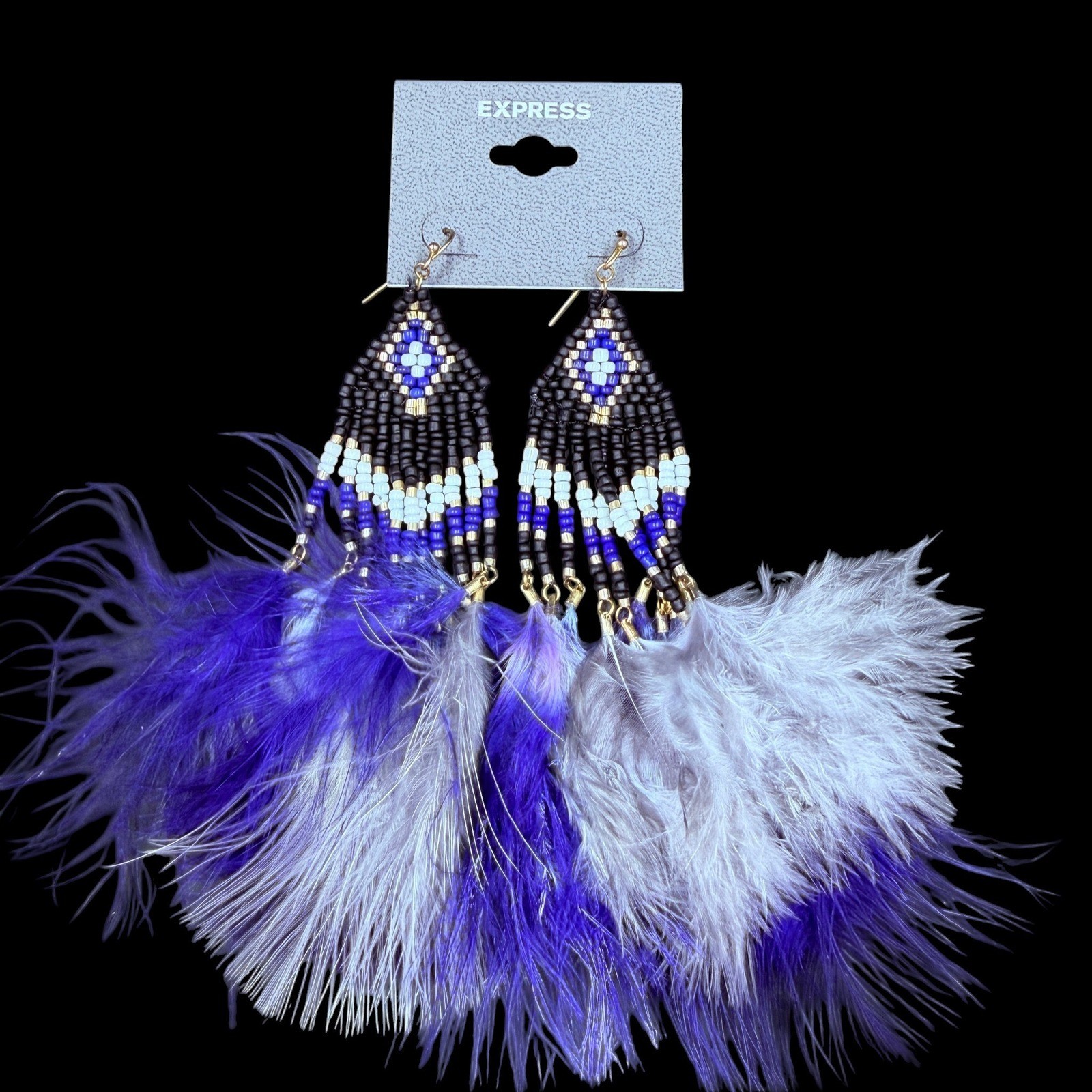 NWT Express Beaded Feather Earrings Blue Black Boho Festival Statement Drop