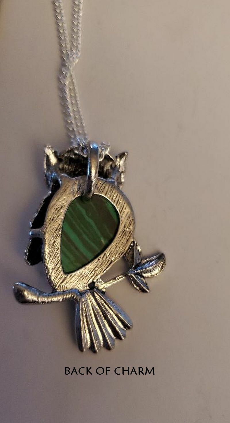 MAN-MADE MALACHITE TIBETAN SILVER OWL CHARM PENDANT NECKLACE