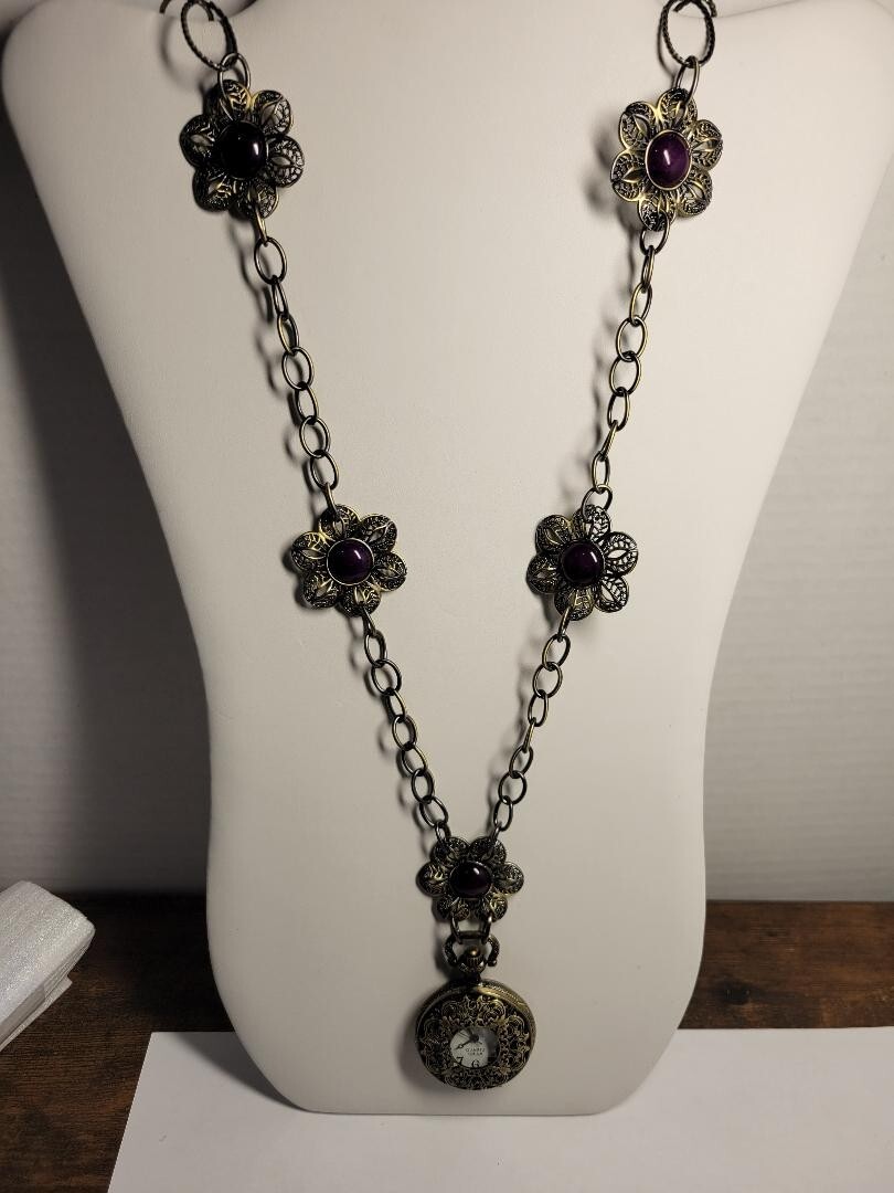 Amy Kahn Russell Pocket Watch Necklace 36” Bronze Floral READ DESCRIPTION PLEASE
