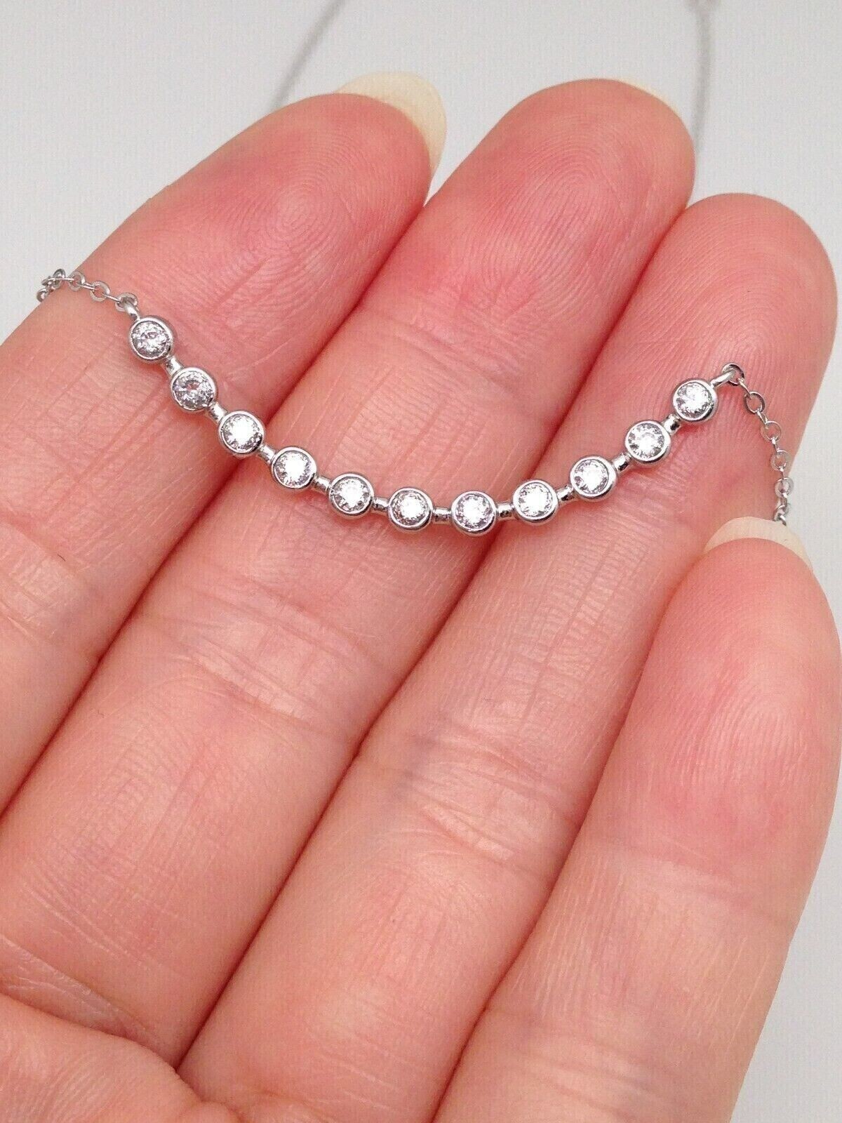 925 Sterling Silver Curved Bubble Bar CZ Pendant Necklace Women 33mm 16.5″