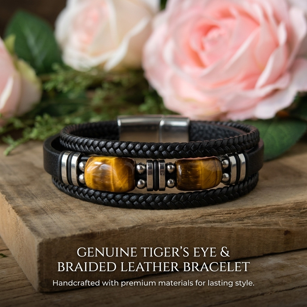 Natural Tiger Eye Bracelet Men Genuine Leather Braided Healing Energy Jewelry