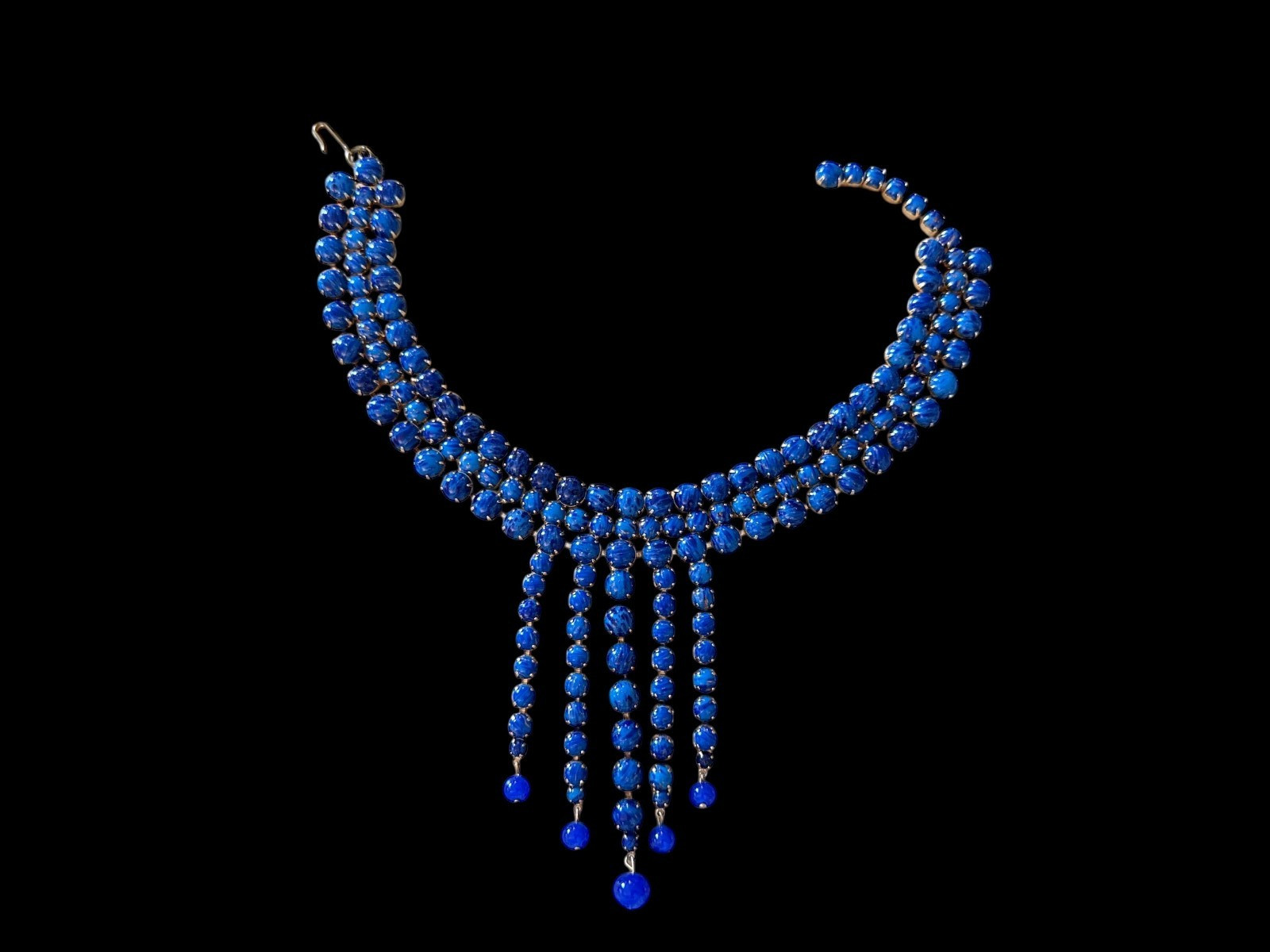 Unmarked Vintage Blue Glass Cabochon Fringe Statement Necklace Bib Collar Hook