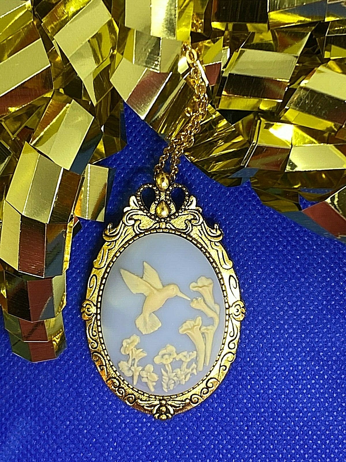 Hummingbird White Blue Cameo Gold Pendant Necklace Brooch Mom VALENTINES Gift