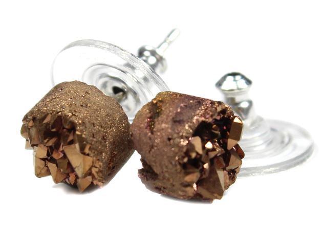 Druze Gemstone Crystal Earstud Earring Silver Brown Blue Rhodium Plated