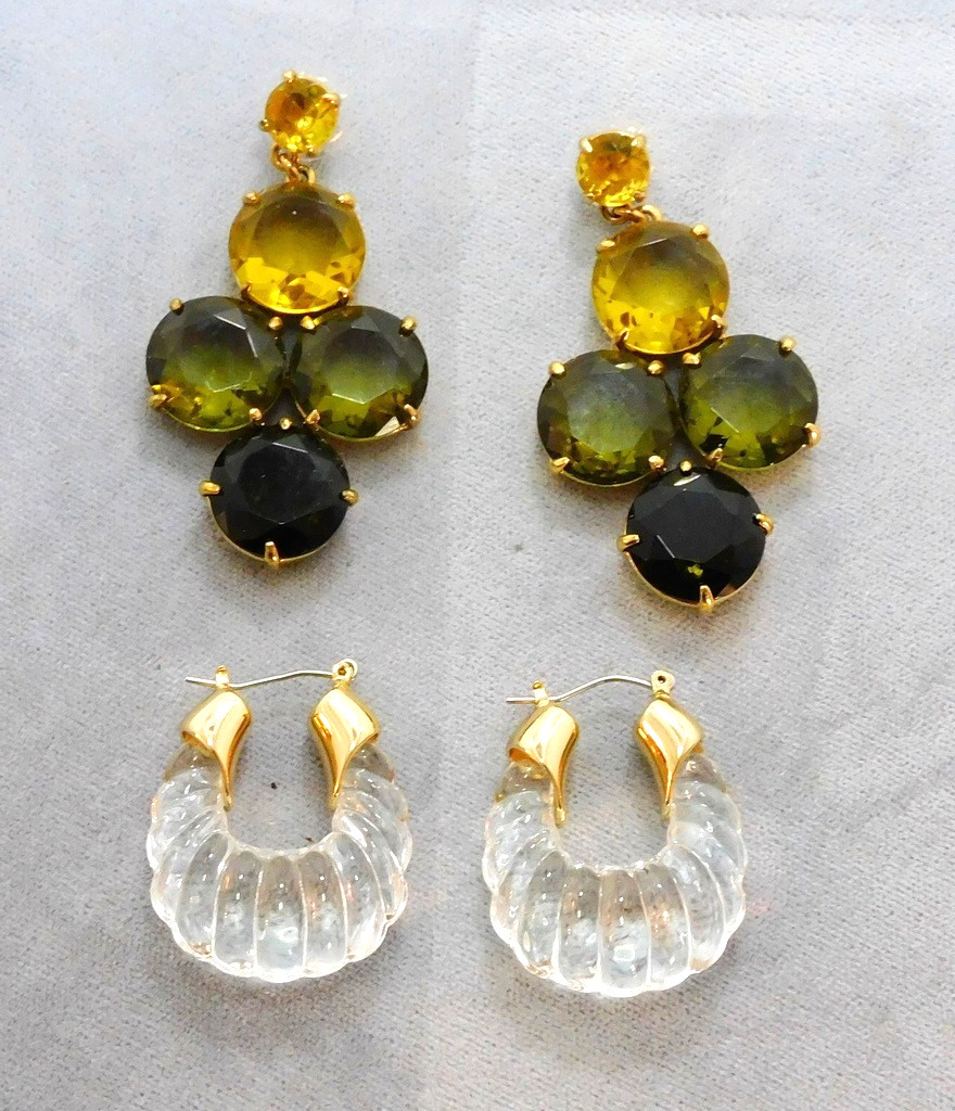 2 Pairs High End Pierced Earrings ~ Big Glass Rhinestones & Glass Shrimp Hoops