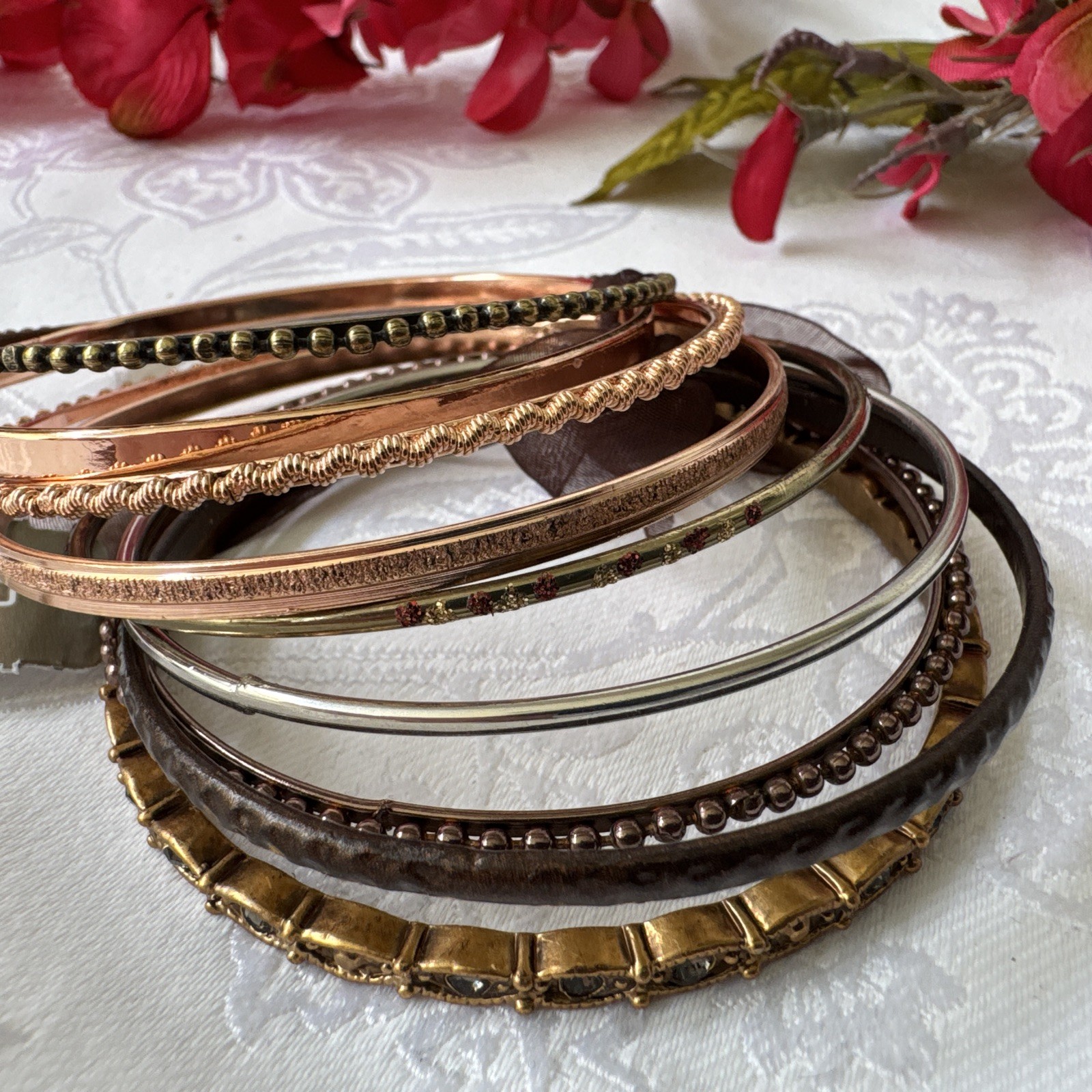 Chico’s Dark Gold Silver Brown Textured Thin Stacked 9 PC Bracelet Set Stack NWT
