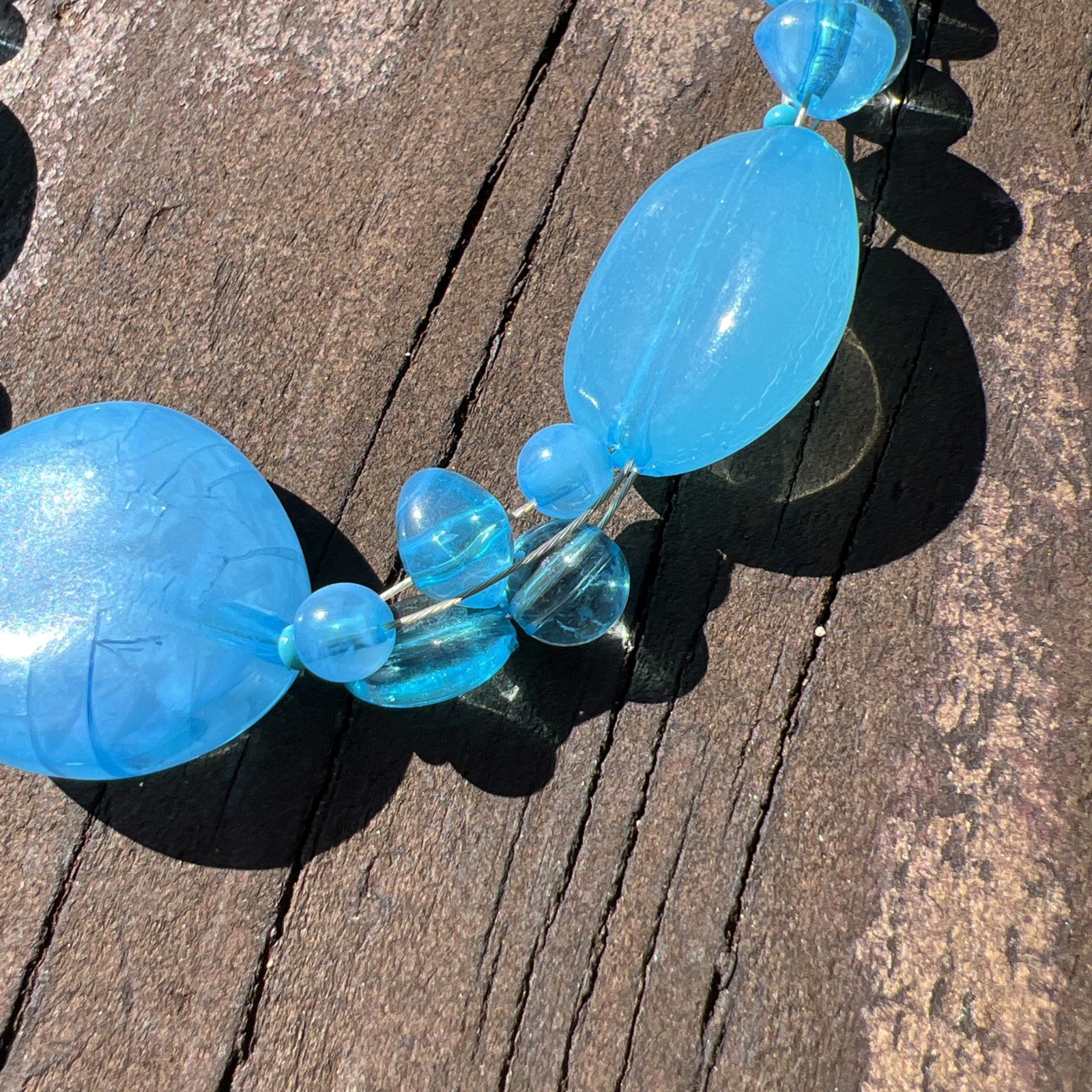 Three Metal Stranded Beaded Blues Plastic & Glass Beads Necklace
