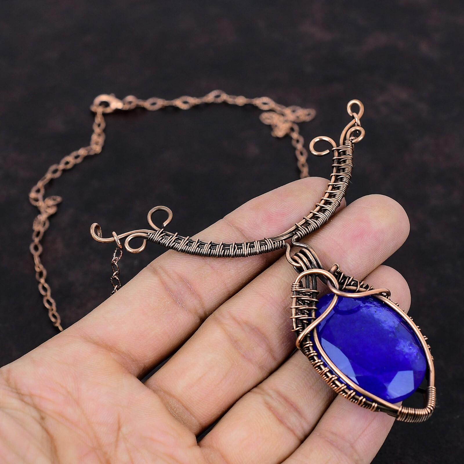 Blue Saphire Wire Wrapped Necklace Adjustable Handcrafted Copper Holiday 18.0″