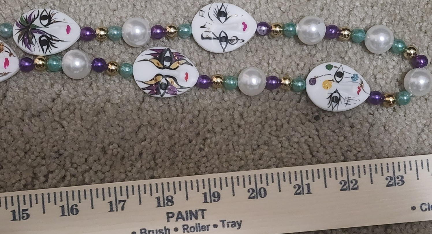 24 inch Mardi Gras Bead Necklace W/ Masks Plastic Bright Colors See PICS
