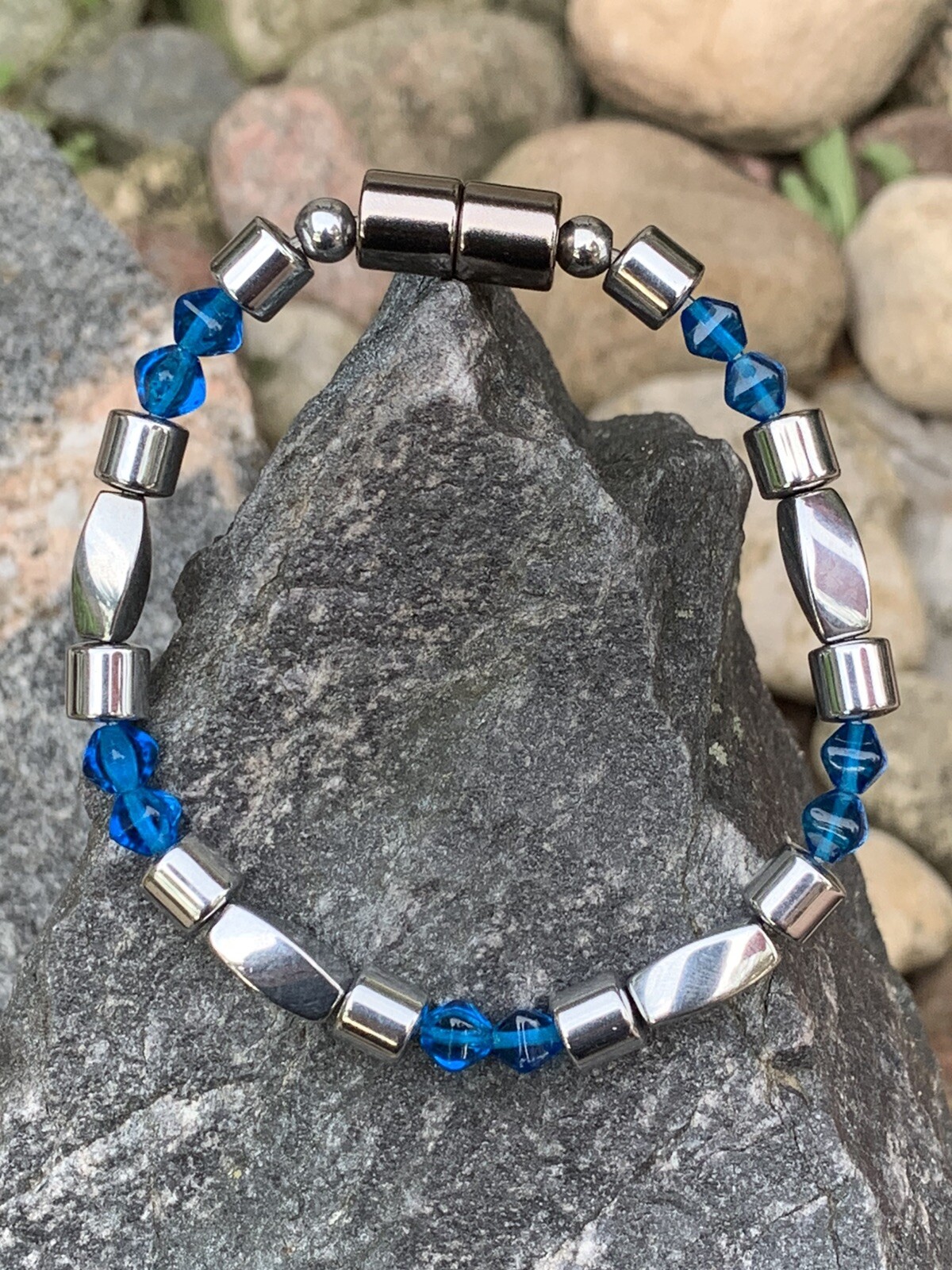 Mens Womens Silver Magnetic Hematite Bicone Capri Blue BRACELET ANKLET NECKLACE