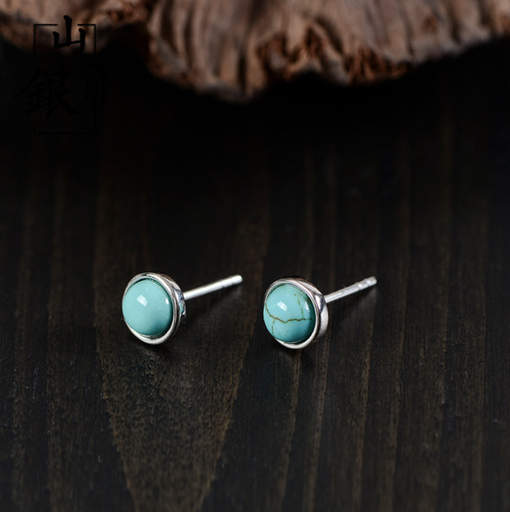 6mm S925 Sterling Silver Round Natural Turquoise Stud Earrings Gift Box PE60