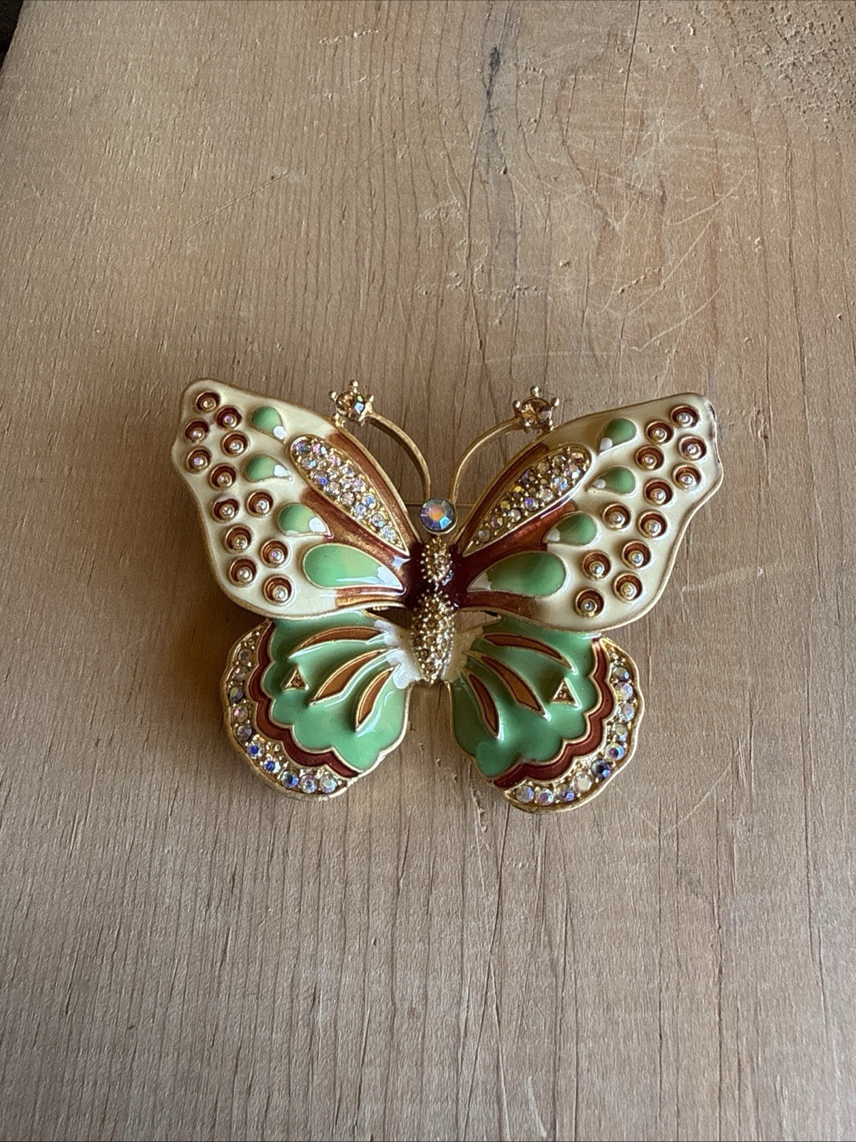 Kenneth Jay Lane Pastel Mint Green Mauve Rhinestone Life Sized Butterfly Pin
