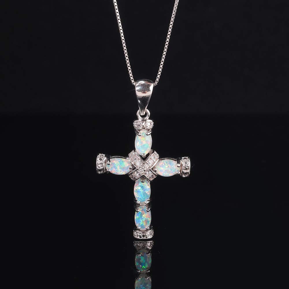 Hawaii White Fire Opal Cross Necklace pendants Silver Filled Women Girls Charm