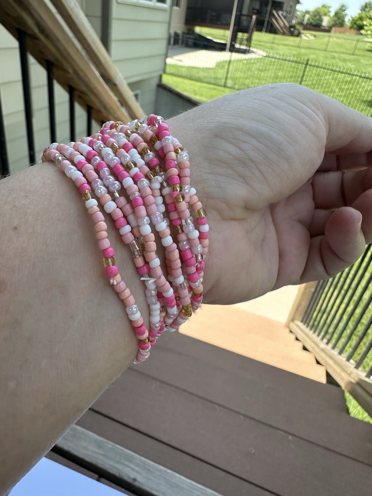 Pink White Gold Stretchy Seed Bead Bracelets. Set Of 10