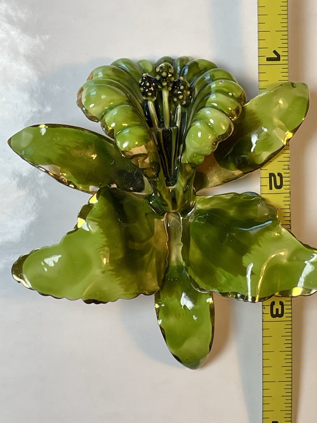 Green Enamel Lily Flower Brooch Gold Rimmed and Gold Tone Metal Pin Closure