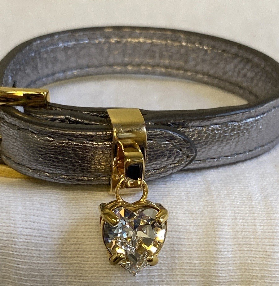 Miu Miu Silver Metallic Leather Bracelet with Goldtone Metal & Rhinestone (7.5″)
