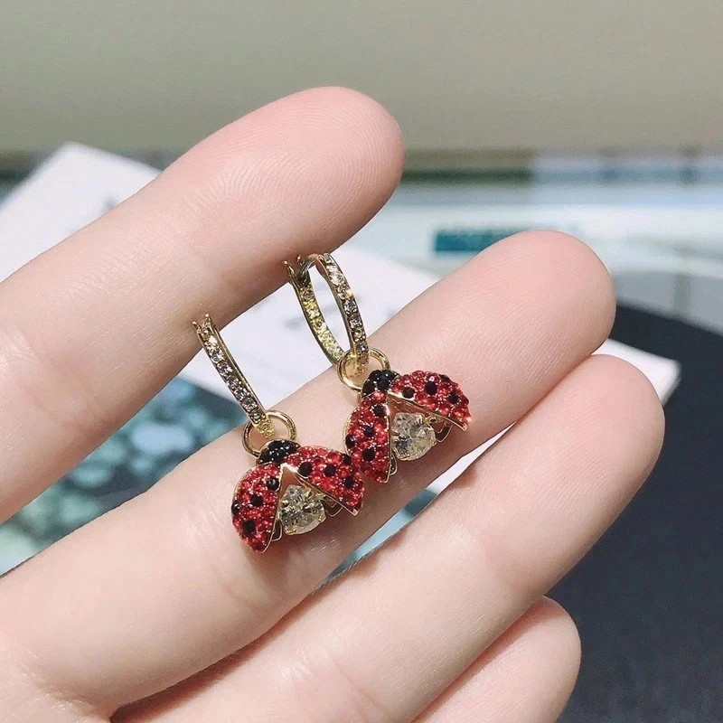 Matching beating heart ladybug detachable earrings Swarovski elements crystal