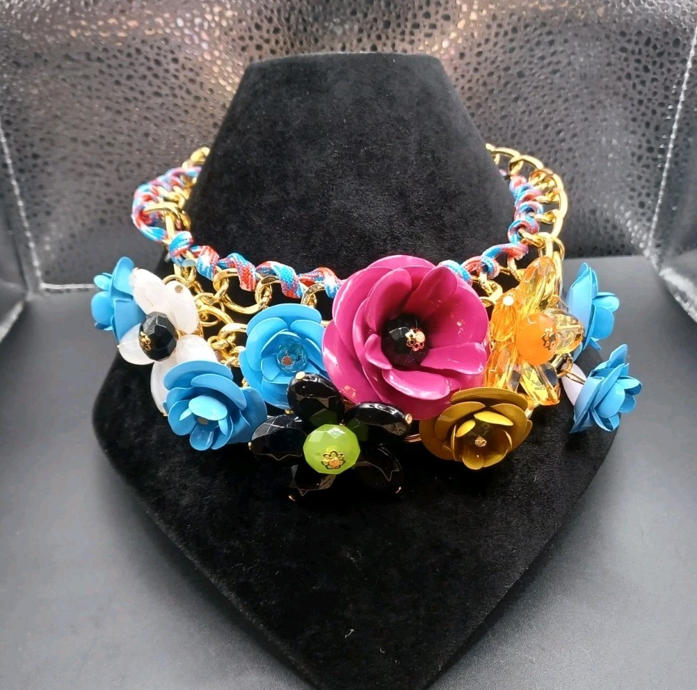 New Marked Betsey Johnson Plastic Bead Metal Pink Blue Flower Necklace