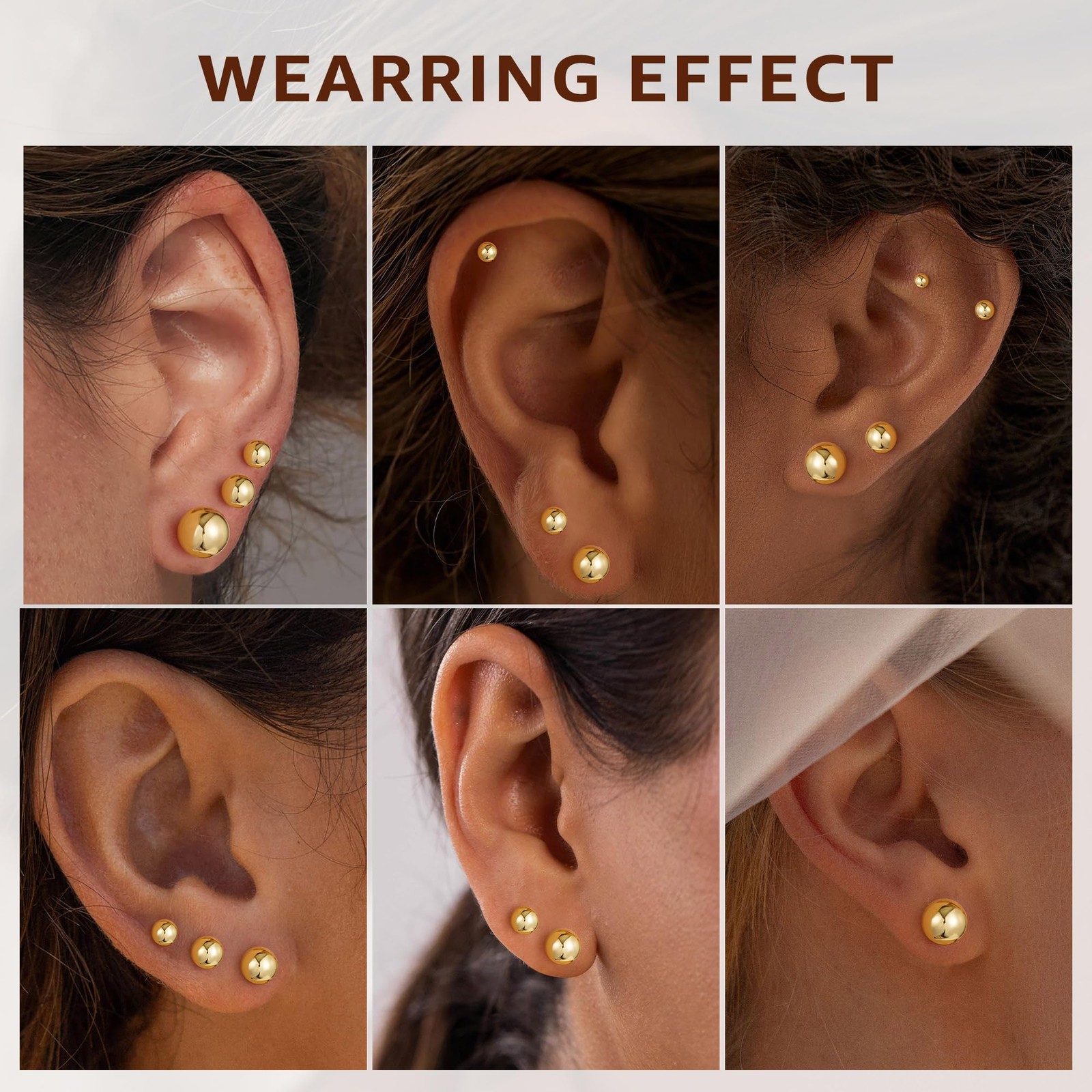 Yoosteel 6 Pairs 2mm, 3mm, 4mm, 5mm, 6mm, 8mm, Ball-14K-Gold-Plated