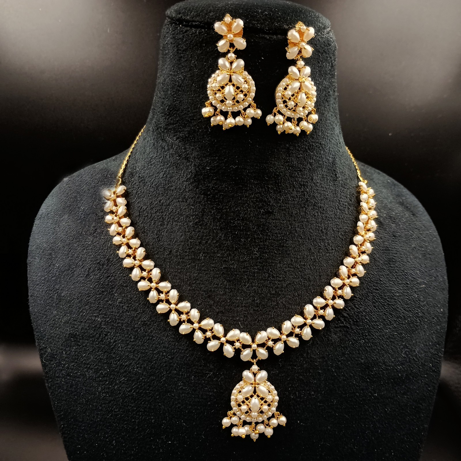 Vintage White Pearl Necklace Set 22K Gold Plated Chain Earrings Bridal Gift