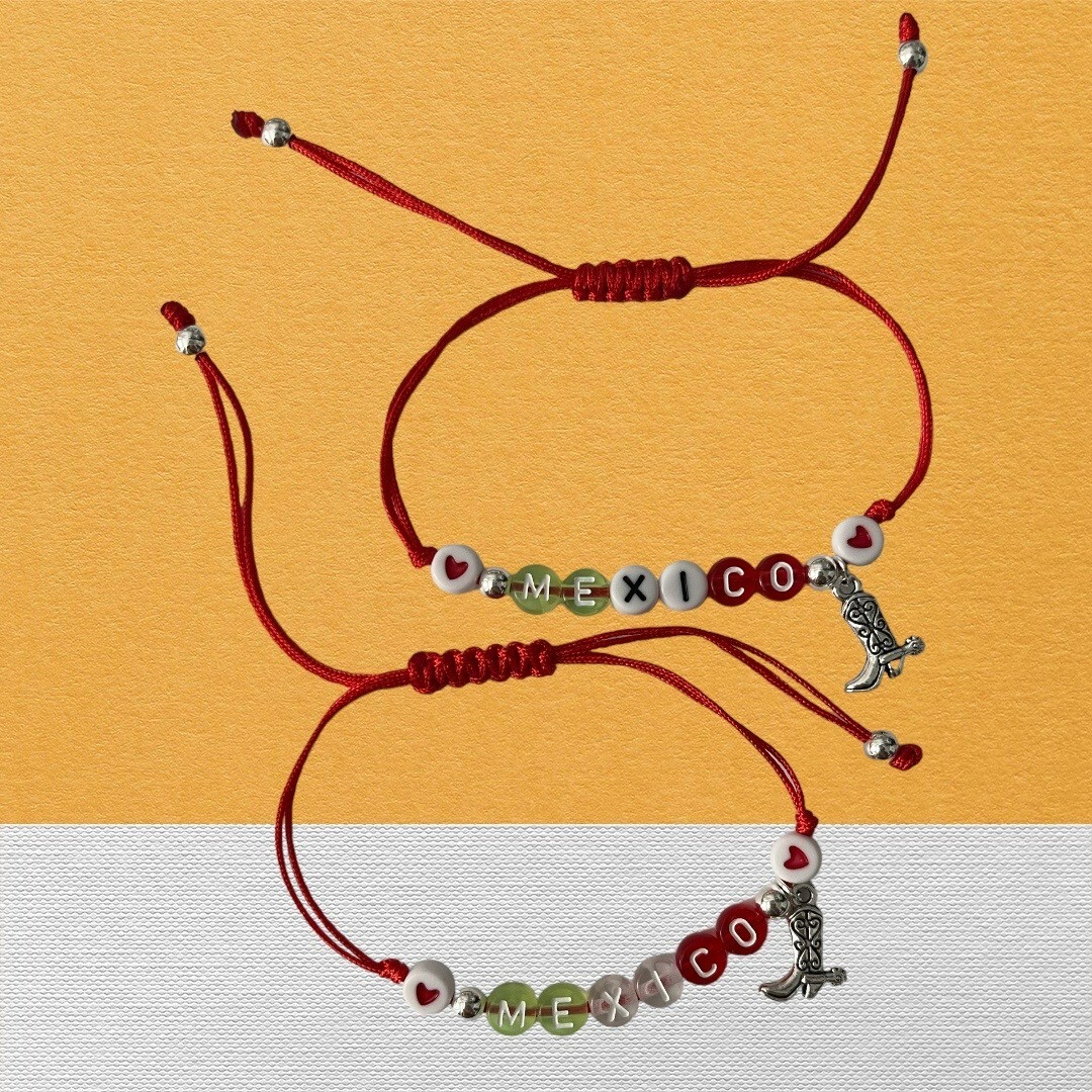 2 Pulseras Tricolor Mexico Hilo Rojo Dije de Acero Inoxidable Cuentas Acrílico