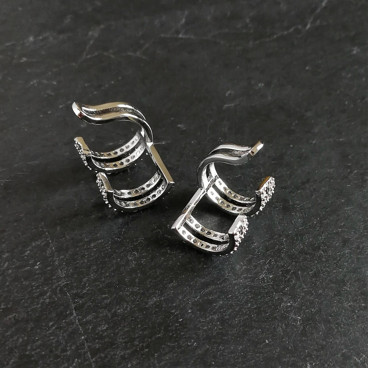 Shiny Silver Tone Tiny CZ Pave U Shape Ear Cuff Non Piercing Earrings PAIR Chic