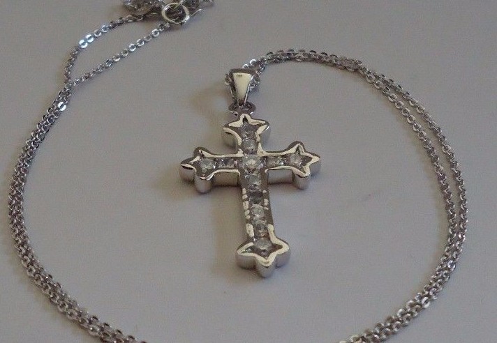 CROSS NECKLACE PENDANT 1 CT LAB CREATED DIAMONDS / 925 STERLING SILVER / 17”