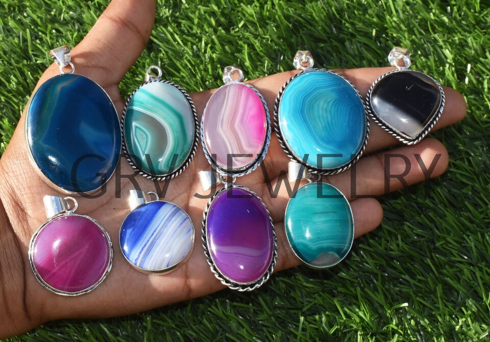 1-1000 Pcs Banded Agate Gemstone Handmade Pendant Lot Bulk: Silver Plated WH-5
