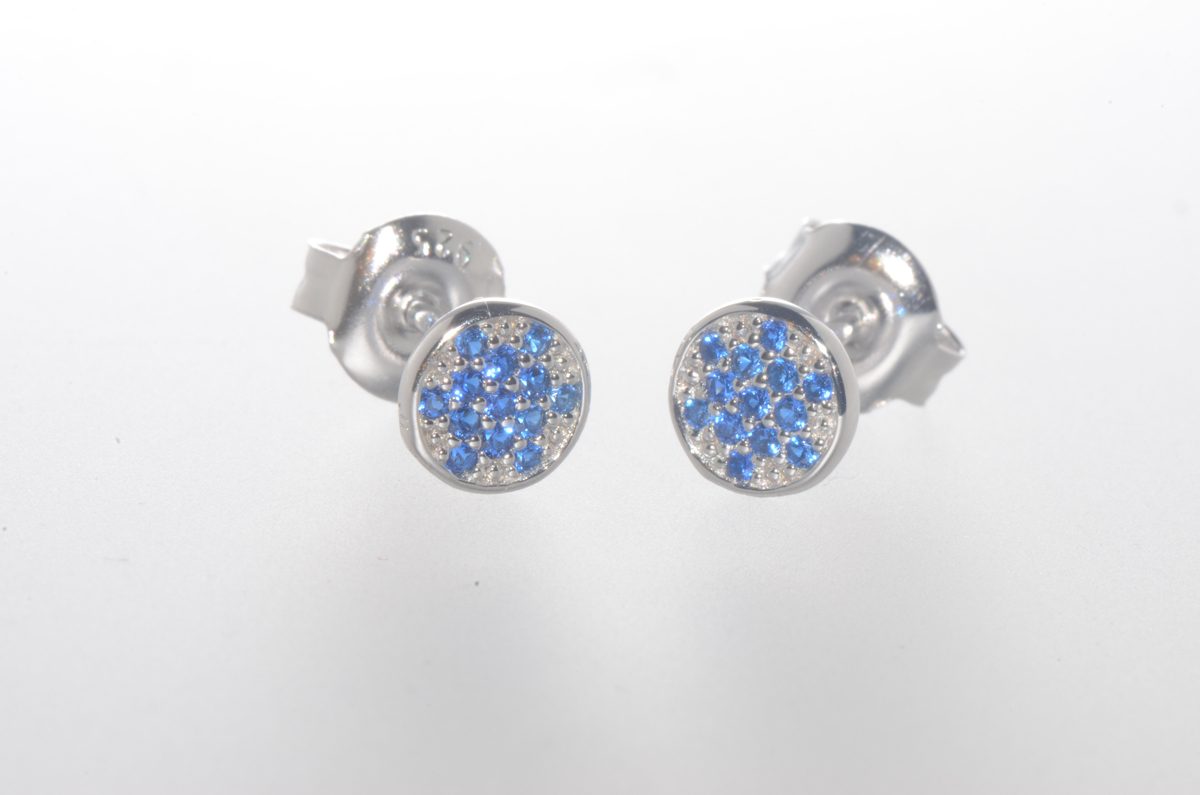 Sterling Silver Blue Star Stud Earrings Pave Cubic Zirconia 6mm Circle