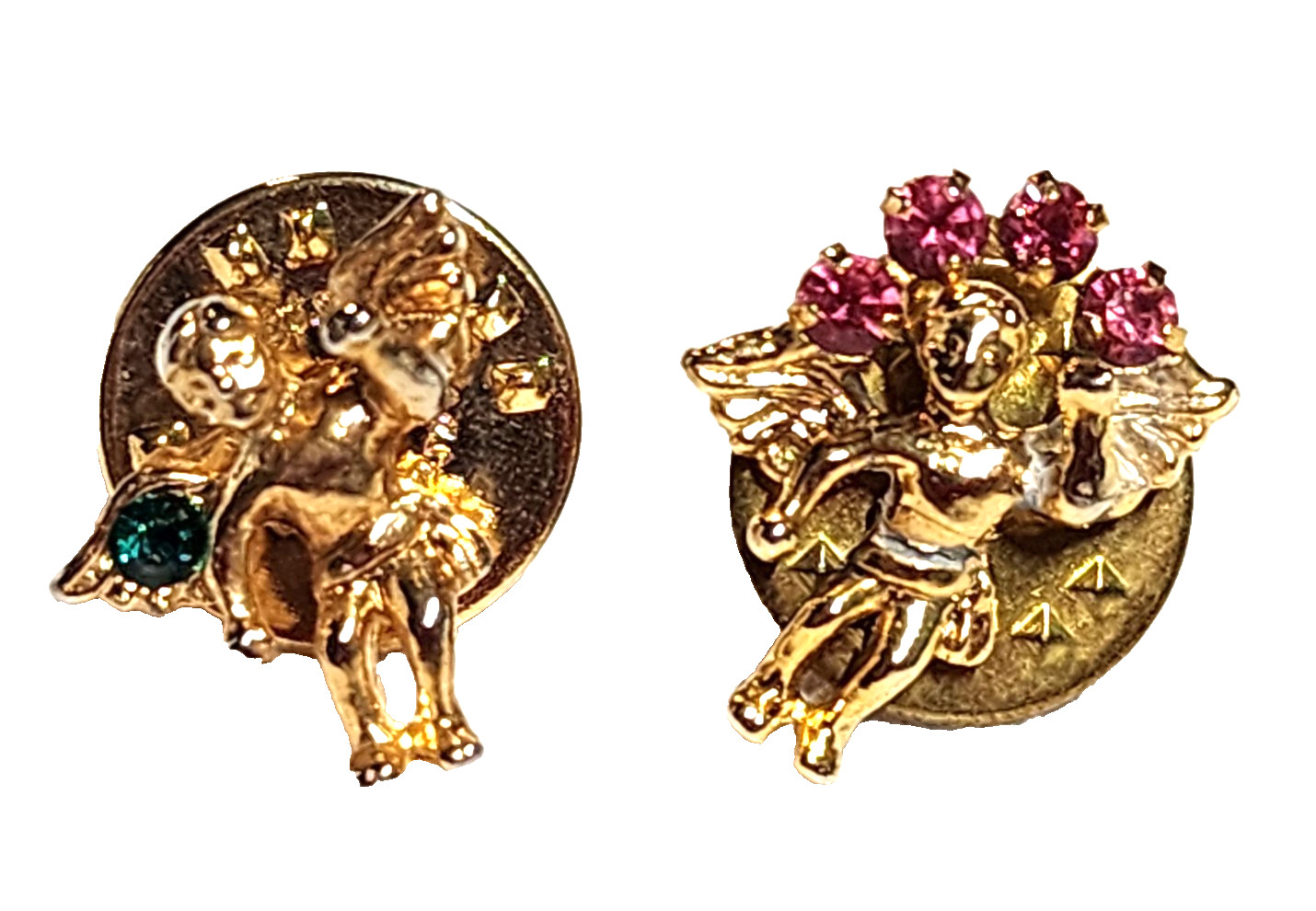 Lot Of 2 Vintage Guardian Angel Cherub Pins Pink & Green Rhinestones Gold Tone