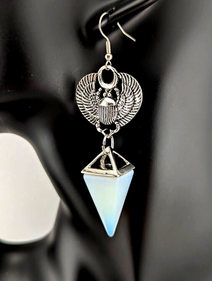 SCARAB BEETLE OPALITE PYRAMID EARRINGS Ra Egypt Egyptian African Occult J6