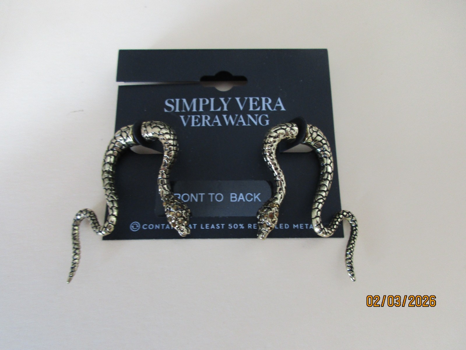 NEW SIMPLY VERA VERA WANG GOLD FRONT BACK SNAKE PIERCED EARRINGS