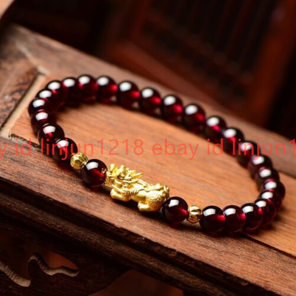 Genuine Garnet 6mm Bead Plating Gold Pixiu Wealth Luck Healing Bracelet 7.5