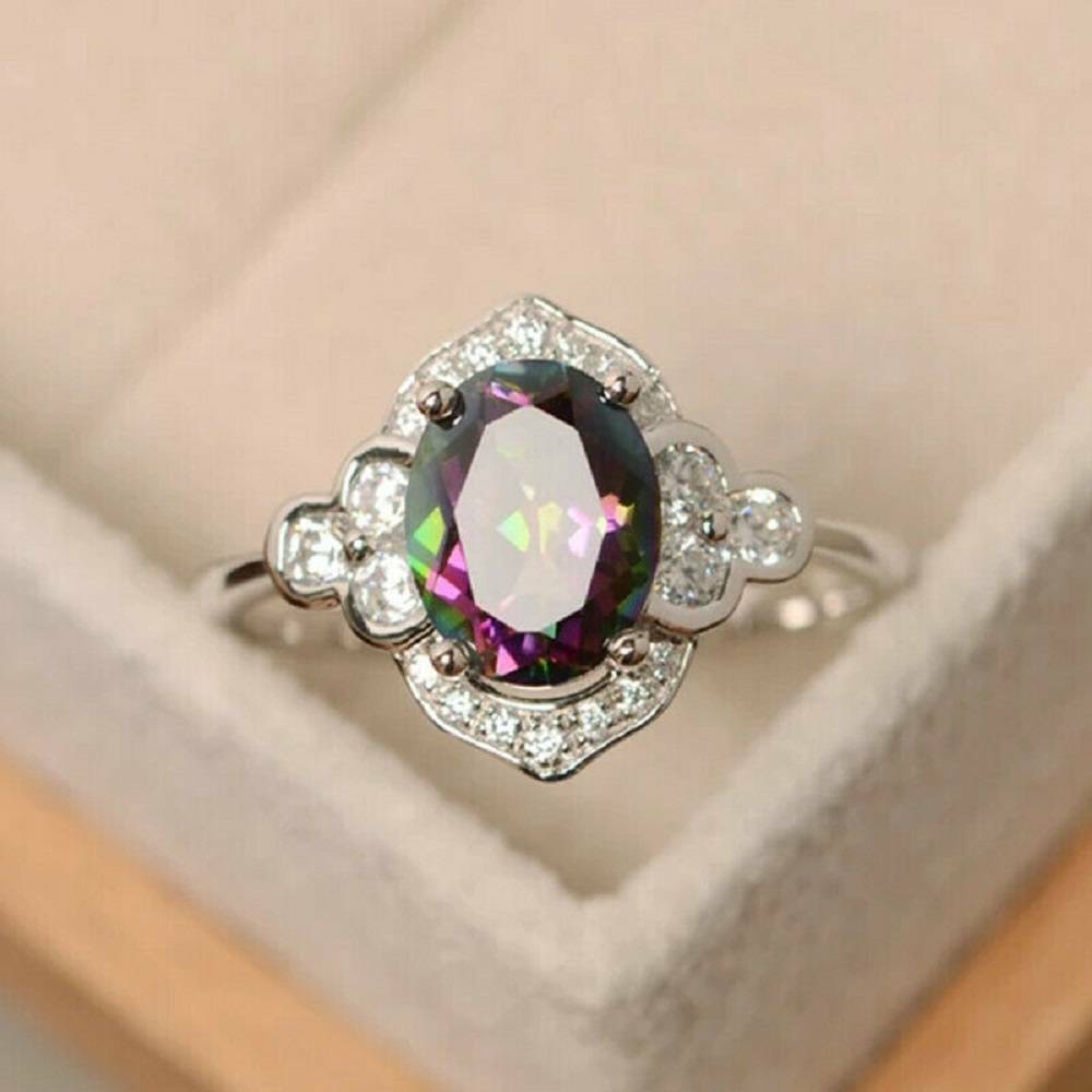 925 Sterling Silver Rainbow Mystical Fire Topaz Wedding Engagement Ring Size 9