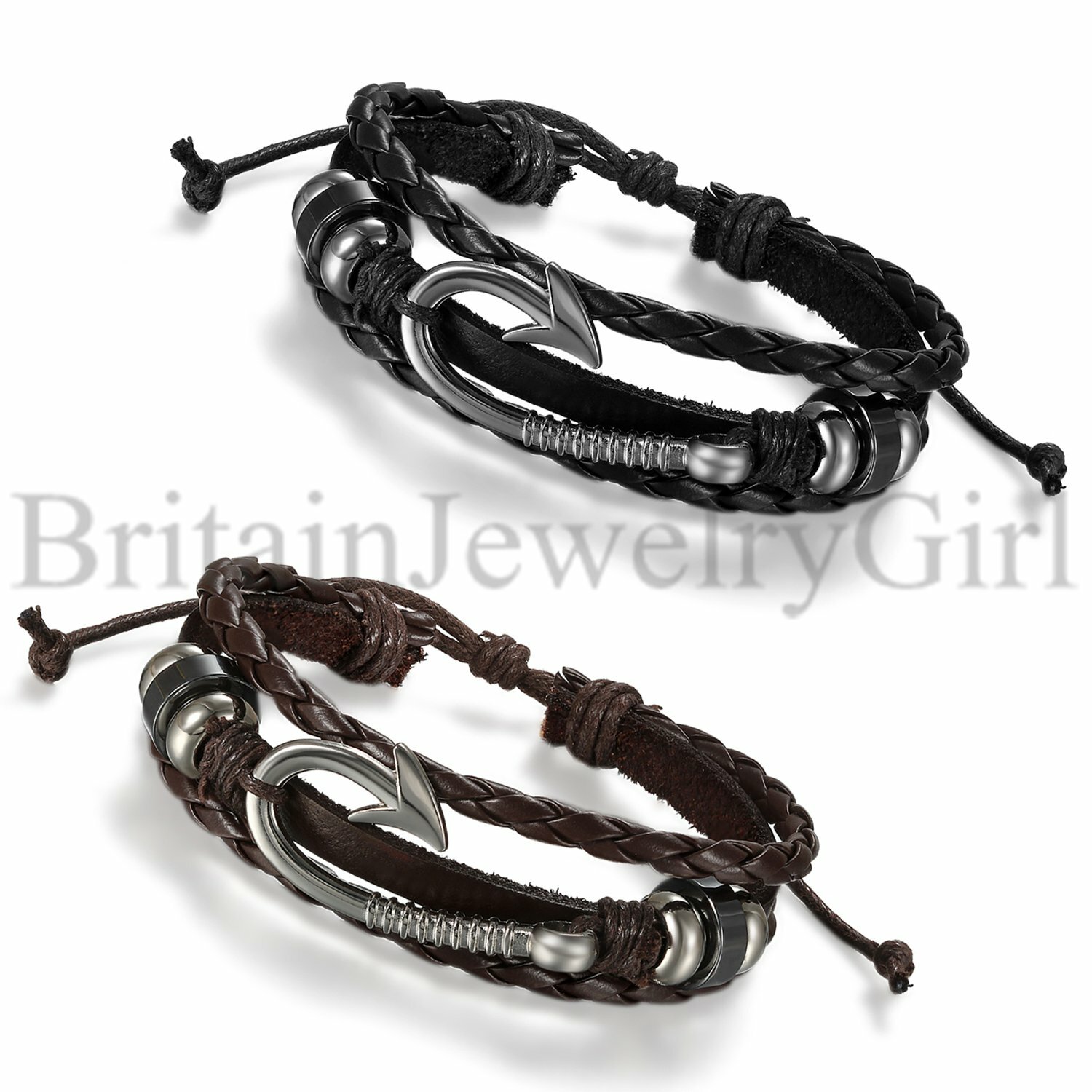 Men Women Multi-layer Fishing Hook Beaded Braided Leather Cuff Bangle Bracelet