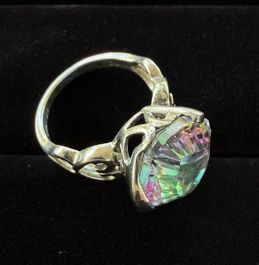 LUCCN Sterling Silver Floral Shank Large Oval Brilliant Mystic Topaz Ring Size 7