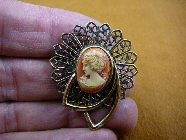 (CT3-13) dainty TINY LADY bow in hair Orange + white CAMEO Pin Brooch pendant