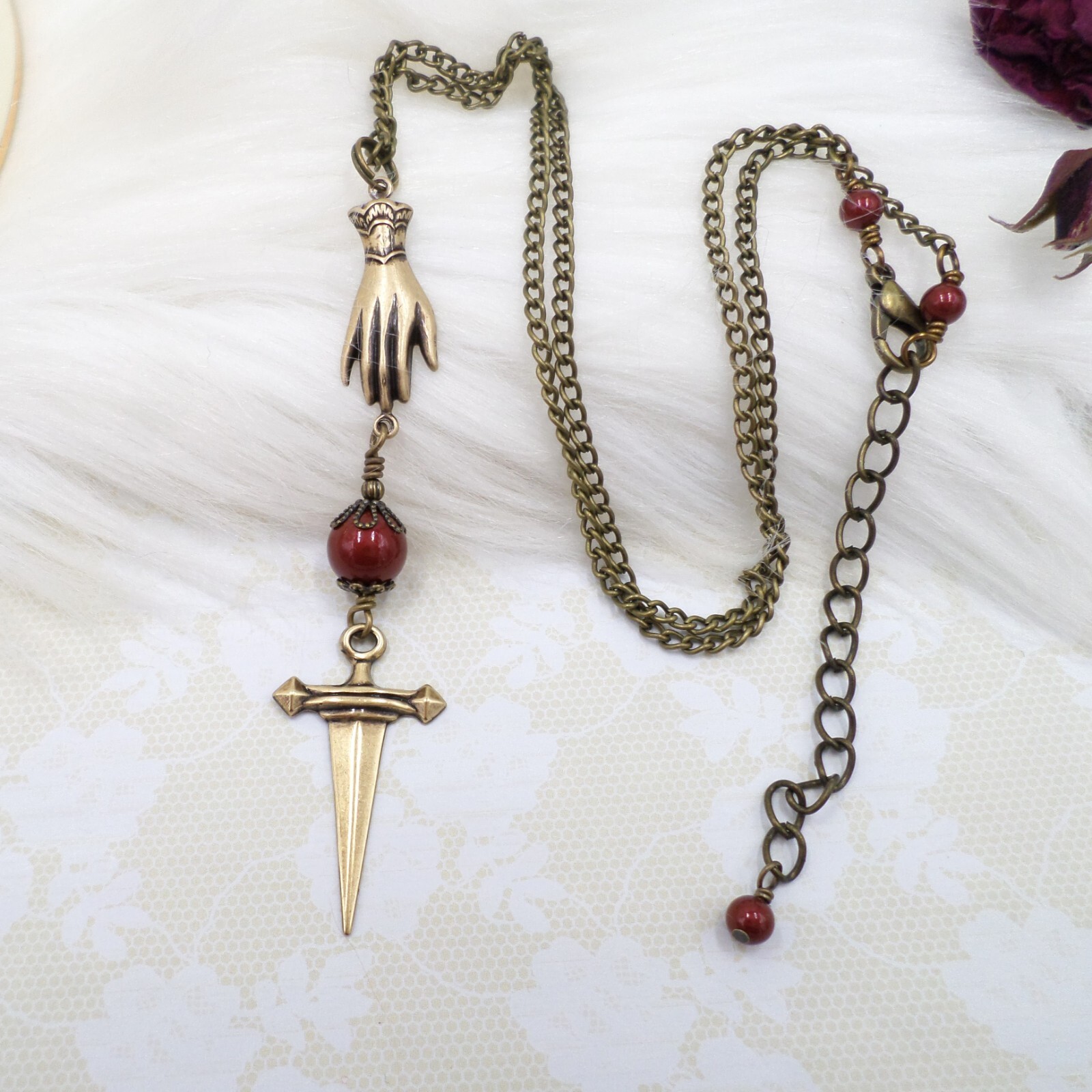 Victorian Dagger Necklace, Antique Brass Red Pearl Dark Academia Handmade