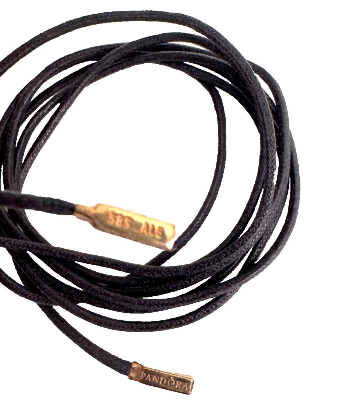 NEW💕Authentic Pandora Black Fabric Cord Lariat Bracelet 100 Cm- 14K Gold TIPS
