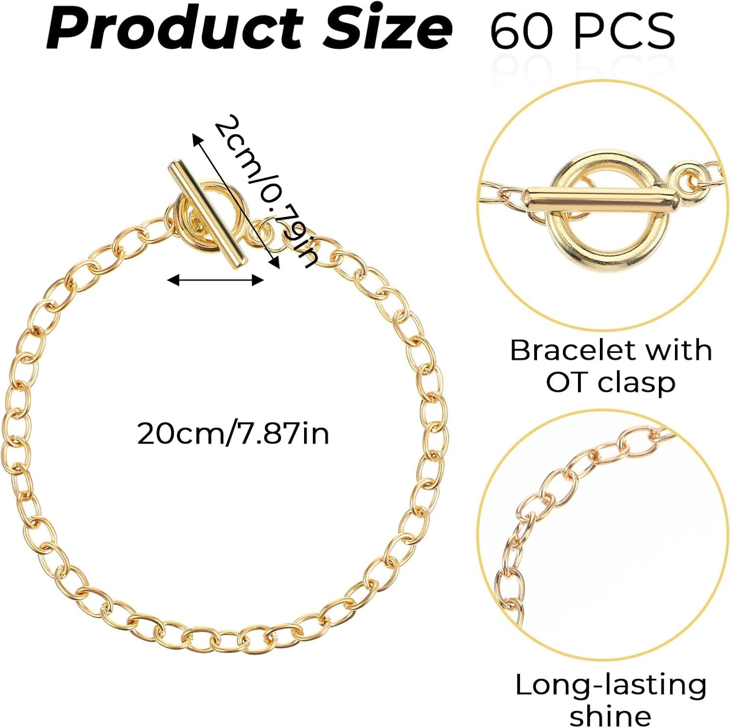 60 Pieces Charm Bracelet Bulk, 7.87 Inch Bracelet Chain with OT Toggle Clasp, Go