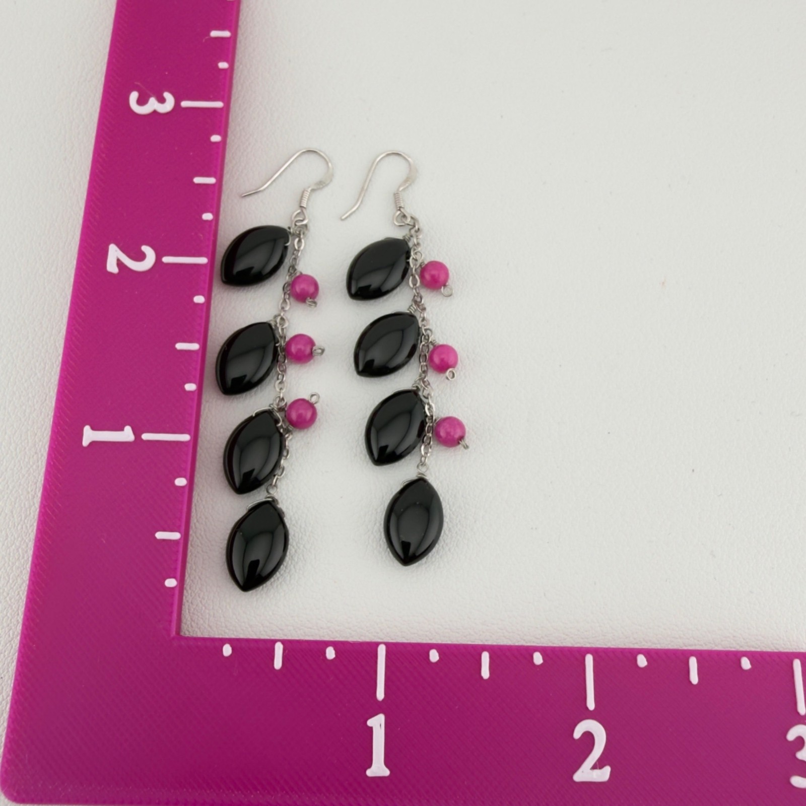 Sterling Silver Long Beaded Dangle Earrings Black Pink 2.5″