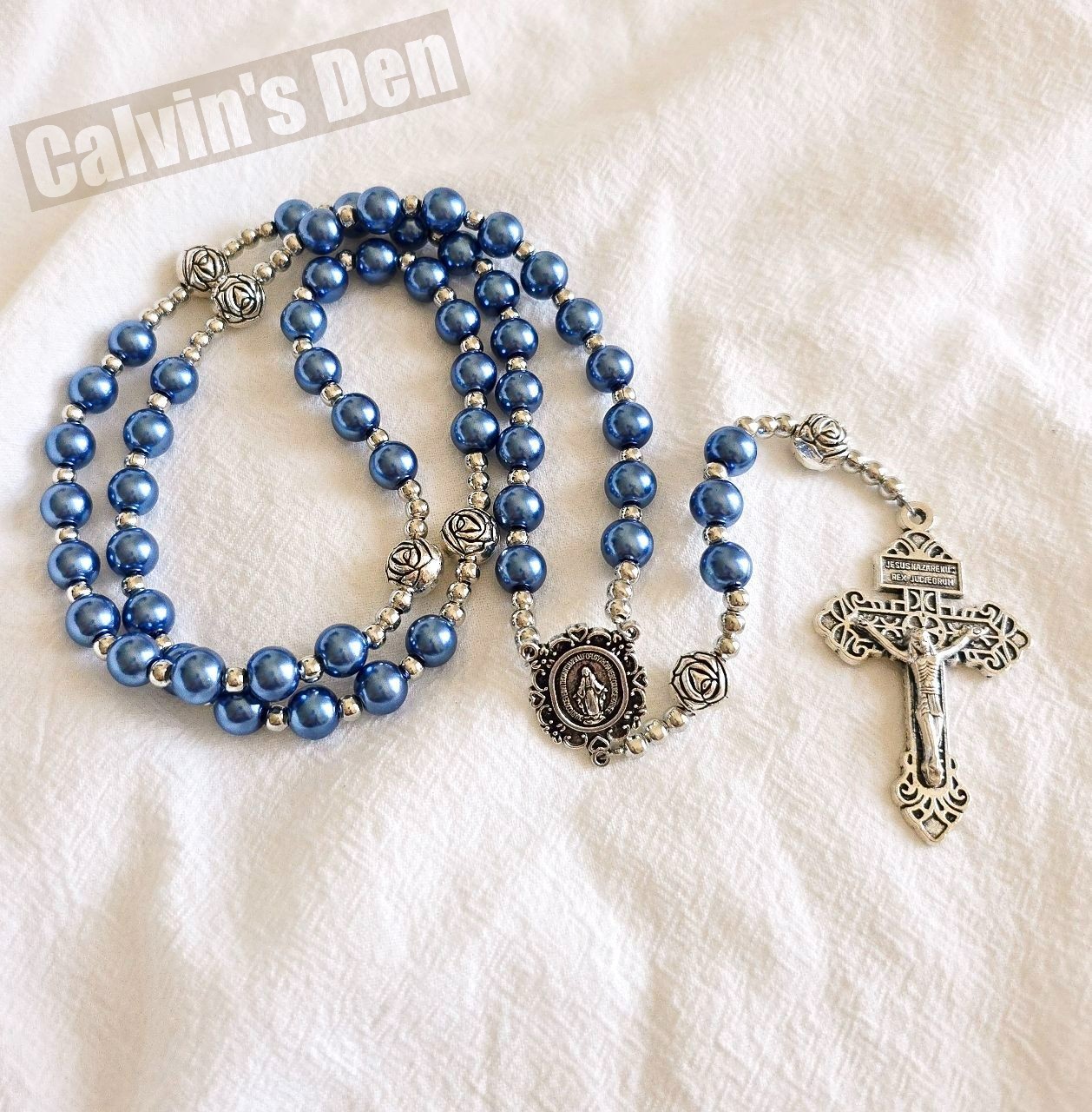 Blue Pearl Bead Rosary Necklace Miraculous Medal Rosebud Crucifix Cross Gift